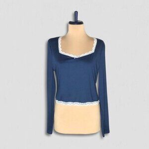 Forever 21 Long Sleeve T-Shirt Lace Trim Bow Detailed Square Neckline Blue sz M